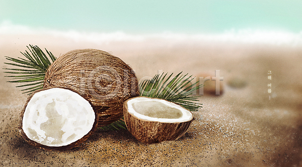 감성 시원함 사람없음 PSD 일러스트 갈색 단면 모래 바다 슬라이스 야자수잎 여름(계절) 여름배경 여름풍경 열대과일 코코넛 해변 힐링