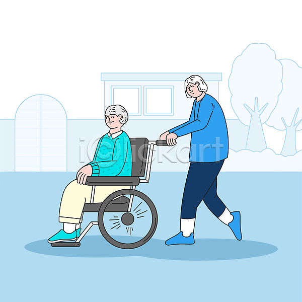 산책 이동 휴식 남자 노년 노인만 두명 여자 AI(파일형식) 일러스트 건물 걷기 나무 담장 대문 실버라이프 앉기 요양원 잡기 전신 파란색 휠체어