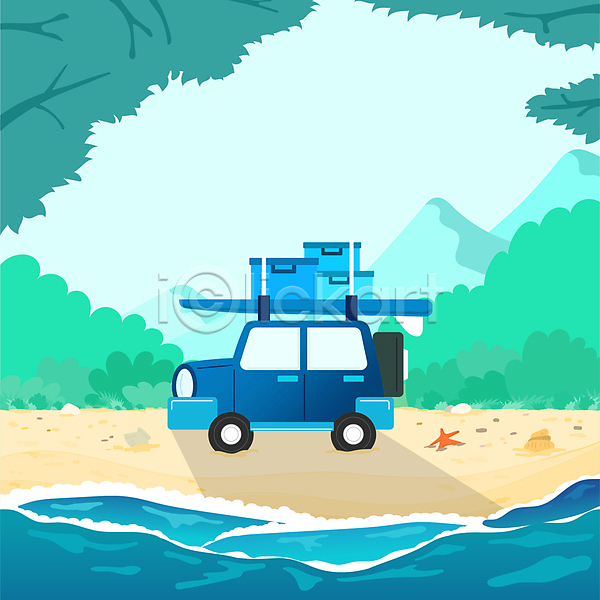 이동 사람없음 AI(파일형식) 일러스트 나뭇잎 바다여행 바캉스 불가사리 산 서핑보드 여름(계절) 여름배경 여름풍경 여름휴가 여행가방 자동차 청록색 파도 풀(식물) 한대 해변