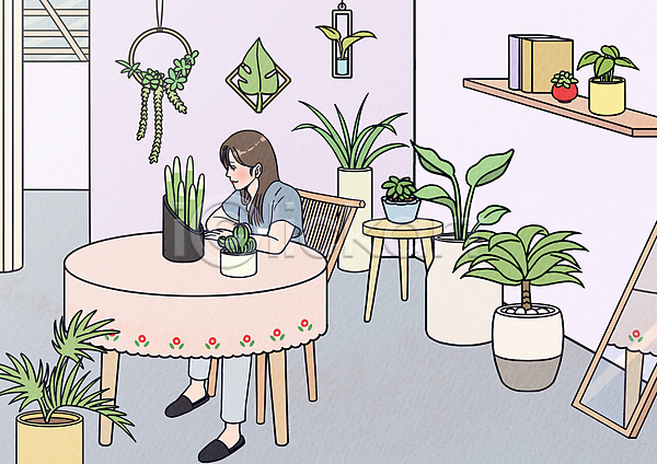 성인 성인여자한명만 여자 한명 PSD 일러스트 거울 반려식물 상반신 선반 앉기 의자 전신 책 탁자 플랜테리어 홈가드닝 화분