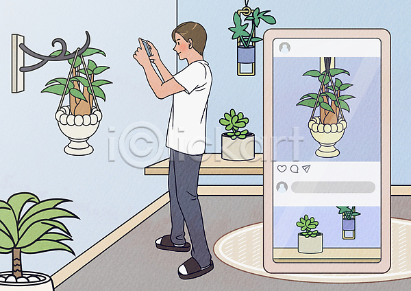남자 성인 성인남자한명만 한명 PSD 일러스트 들기 반려식물 사진촬영 서기 소셜네트워크 스마트폰 식물 전신 플랜테리어 하늘색 행잉플랜트 홈가드닝 화분