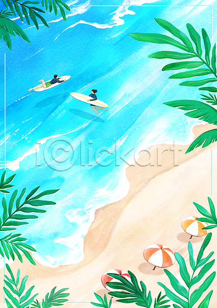 감성 남자 두명 성인 성인만 여자 PSD 일러스트 모래사장 바다 바캉스 서핑 서핑보드 수영 수채화(물감) 야자수잎 여름(계절) 여름배경 여름풍경 여름휴가 전신 트로피컬아트 파도 파란색 해변