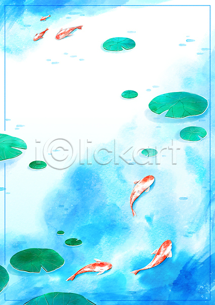 감성 사람없음 PSD 일러스트 금붕어 번짐 붓터치 수채화(물감) 여러마리 여름(계절) 여름배경 연못 연잎 잉어 파란색