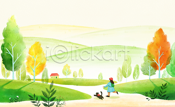 감성 성인 성인여자한명만 여자 한명 PSD 일러스트 가방 가을배경 가을풍경 걷기 고양이 꽃 나무 반려동물 백그라운드 붓터치 산 수채화(물감) 전신 주택 초록색 초원(자연) 한마리
