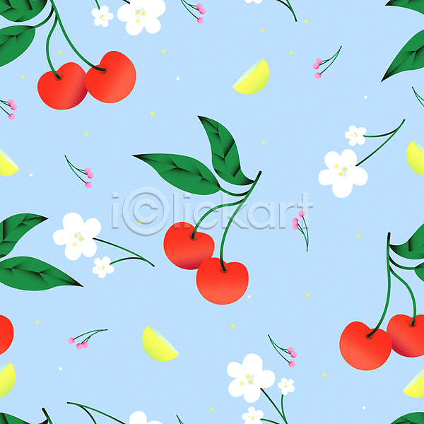 사람없음 AI(파일형식) 일러스트 꽃 레몬 여름(계절) 잎 체리 트로피컬아트 패턴 패턴백그라운드 하늘색