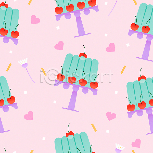 사람없음 AI(파일형식) 일러스트 꽃 디저트 민트색 받침대 분홍색 여름(계절) 젤리 체리 케이크 케이크스탠드 패턴 패턴백그라운드 하트