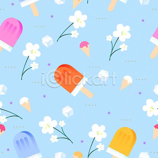 사람없음 AI(파일형식) 일러스트 꽃 디저트 막대아이스크림 아이스크림 얼음 여름(계절) 콘아이스크림 패턴 패턴백그라운드 하늘색