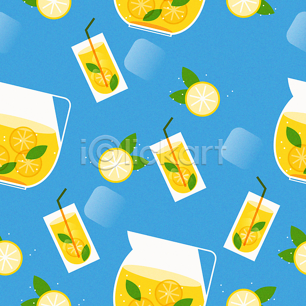 사람없음 AI(파일형식) 일러스트 과일주스 레모네이드 레몬 빨대 여름(계절) 유리병 음료 잎 컵 파란색 패턴