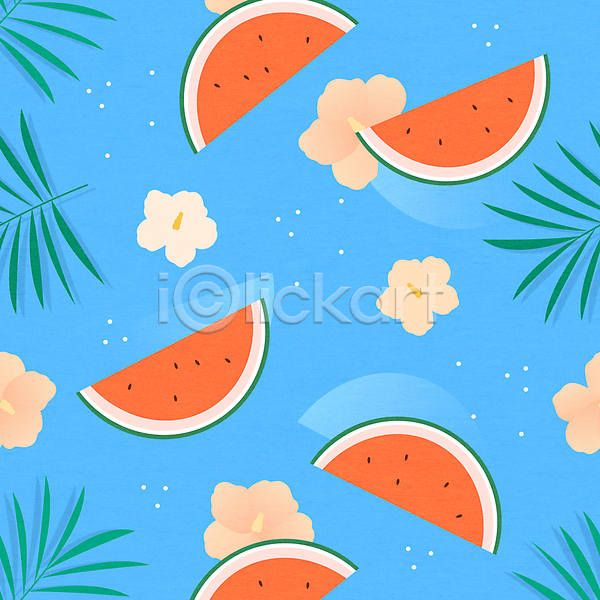 사람없음 AI(파일형식) 일러스트 수박 수박씨 야자수잎 여름(계절) 패턴 패턴백그라운드 하늘색 하와이무궁화