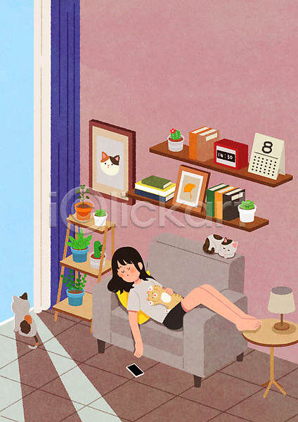 휴식 성인 성인여자한명만 여자 한명 PSD 일러스트 거실 고양이 낮잠 눕기 반려묘 분홍색 선반 세마리 소파 스마트폰 스탠드 시계 액자 여름(계절) 전신 책 커튼 탁자 햇빛 화분