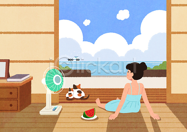 휴식 성인 성인여자한명만 여자 한명 PSD 일러스트 거실 고양이 구름(자연) 두마리 바다 반려묘 배(교통) 베이지색 선풍기 수박 앉기 여름(계절) 응시 전신 접시 책 툇마루