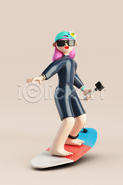 성인 성인여자한명만 여자 한명 3D PSD 디지털합성 편집이미지 3D캐릭터 그레이스 들기 래쉬가드 서퍼 서핑 서핑보드 선글라스 액션캠 여름(계절) 월간캐릭터 전신 카메라 팔벌리기 편집 편집소스