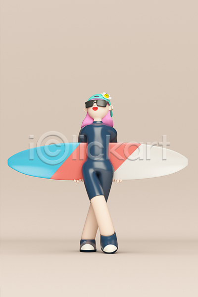 성인 성인여자한명만 여자 한명 3D PSD 디지털합성 편집이미지 3D캐릭터 그레이스 다리꼬기 들기 래쉬가드 서기 서퍼 서핑보드 선글라스 여름(계절) 월간캐릭터 전신 편집 편집소스