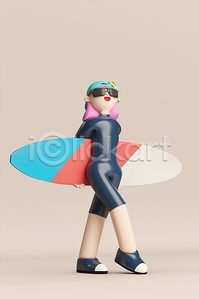 성인 성인여자한명만 여자 한명 3D PSD 디지털합성 편집이미지 3D캐릭터 그레이스 다리꼬기 들기 래쉬가드 서기 서퍼 서핑보드 선글라스 여름(계절) 월간캐릭터 전신 편집 편집소스