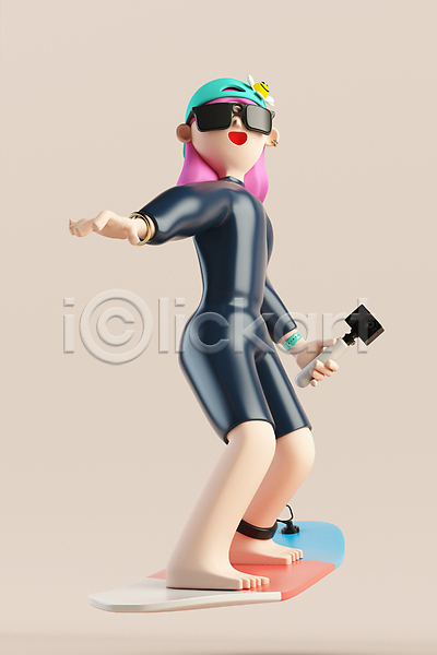 성인 성인여자한명만 여자 한명 3D PSD 디지털합성 편집이미지 3D캐릭터 그레이스 들기 래쉬가드 서퍼 서핑 서핑보드 선글라스 승차 액션캠 여름(계절) 월간캐릭터 전신 카메라 편집 편집소스