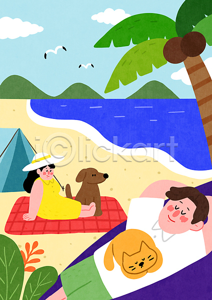 남자 두명 성인 성인만 여자 PSD 일러스트 갈매기 강아지 고양이 구름(자연) 눈감음 눕기 돗자리 모래사장 바다 반려견 반려동물 반려묘 산 앉기 야자수 야자수열매 여름(계절) 전신 캠핑 텐트 파도 풀(식물) 하늘 해변