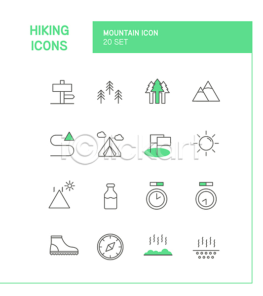 뜨거움 사람없음 AI(파일형식) 라인아이콘 아이콘 깃발 나무 나침반 등산 등산로 등산용품 등산화 물병 산 숲 시계 여름(계절) 주의사항 초록색 캠핑 텐트 표지판 햇빛
