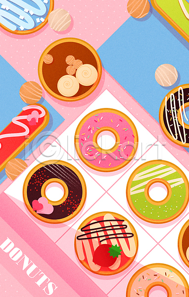 사람없음 AI(파일형식) 일러스트 도넛 디저트 딸기 머랭 분홍색 상자 스프링클 음식데코레이션 초콜릿 크런치