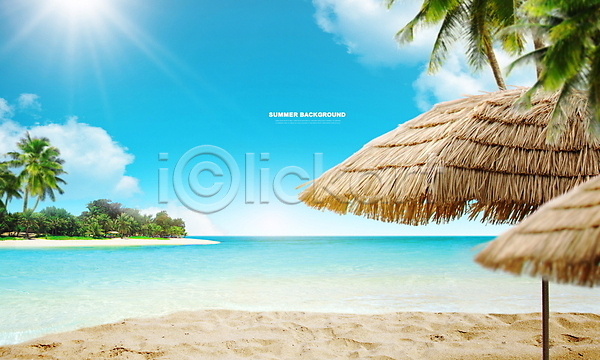 사람없음 PSD 편집이미지 구름(자연) 모래사장 바다 섬 야자수 야자수잎 여름(계절) 여름배경 여름풍경 태양 파라솔 파란색 해변 햇빛