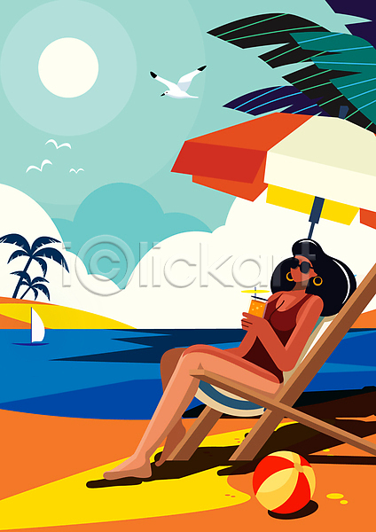 휴식 성인 성인여자한명만 여자 한명 AI(파일형식) 일러스트 갈매기 구름(자연) 들기 바다 바캉스 배(교통) 비치볼 선글라스 선베드 수영복 앉기 야자수 여러마리 여름휴가 열대잎 음료 잔 전신 태양 파라솔 해변