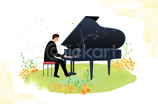 남자 성인 성인남자한명만 한명 PSD 일러스트 공연 관현악단 그랜드피아노 꽃 밟기 앉기 연주 연주자 연주회 잔디 전신 정장 피아노(악기) 피아노의자 피아니스트