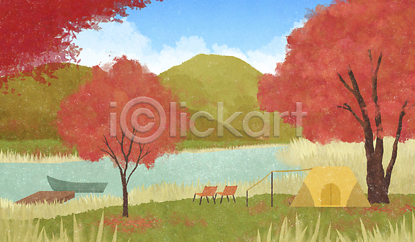 고요 사람없음 PSD 일러스트 가을(계절) 가을풍경 강 구름(자연) 나루터 나룻배 단풍 단풍나무 산 자연 캠핑 캠핑의자 텐트 풀(식물) 하늘