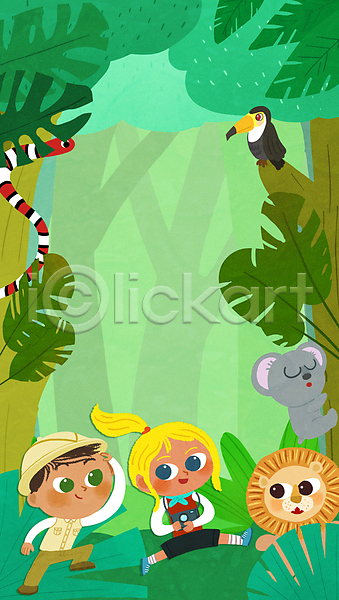 남자 소녀(어린이) 소년 어린이 어린이만 여자 PSD 일러스트 나무 들기 매달리기 모험가 뱀 사자 손들기 숲 여러마리 연두색 열대우림 열대잎 전신 정글탐험 카메라 코알라 탐험 토코투칸