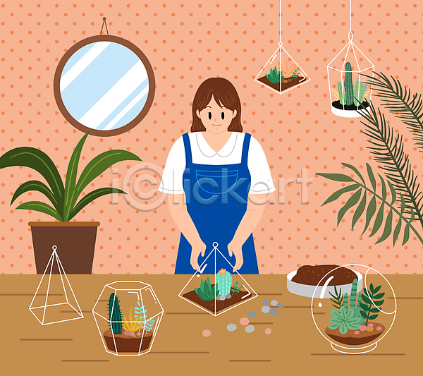 성인 성인여자한명만 여자 한명 AI(파일형식) 일러스트 매달리기 물방울무늬 벽거울 상반신 선인장 식물 잎 장식 전신 코랄 테라리움 플랜테리어 행잉플랜트 홈가드닝 화분 흙