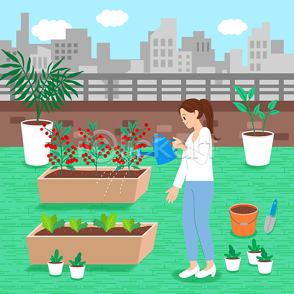 성인 성인여자한명만 여자 한명 AI(파일형식) 일러스트 구름(자연) 돌봄 들기 모종삽 물뿌리개 물뿌리기 물주기 방울토마토 서기 식물 양동이 옥상 전신 정원 텃밭 홈가드닝 홈파밍 화분 흙
