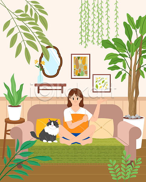 성인 성인여자한명만 여자 한명 AI(파일형식) 일러스트 갈색 거울 고양이 나무 반려묘 선반 소파 손들기 식물 앉기 액자 인테리어 잎 전신 초록색 쿠션 플랜테리어 한마리 홈가드닝 화분