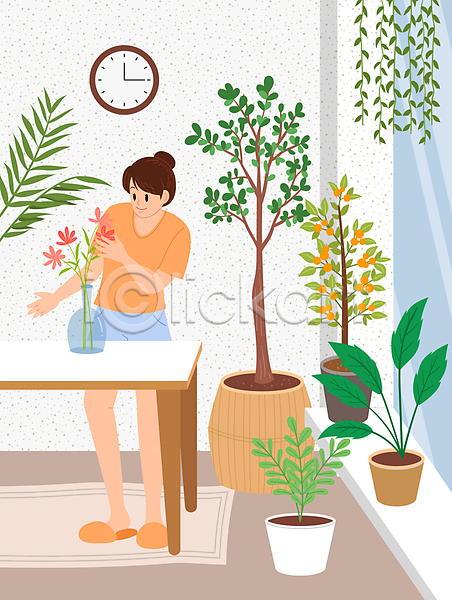 성인 성인여자한명만 여자 한명 AI(파일형식) 일러스트 꽃 꽃병 나무 돌봄 서기 시계 식물 전신 창문 탁자 플랜테리어 행잉플랜트 홈가드닝 화분