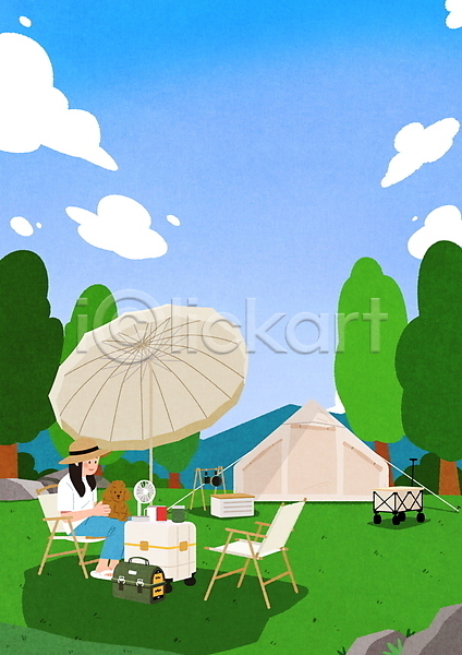 감성 성인 성인여자한명만 여자 한명 PSD 일러스트 강아지 구름(자연) 나무 모자(잡화) 미니선풍기 반려견 앉기 의자 이동가방 전신 캠핑 캠핑도구 캠핑의자 케이지 텐트 트롤리 파라솔 한마리