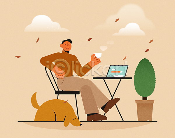 감성 남자 성인 성인남자한명만 한명 AI(파일형식) 일러스트 강아지 낙엽 노트북 들기 모션그래픽소스 베이지색 앉기 의자 전신 카페 커피 커피잔 한마리 화분