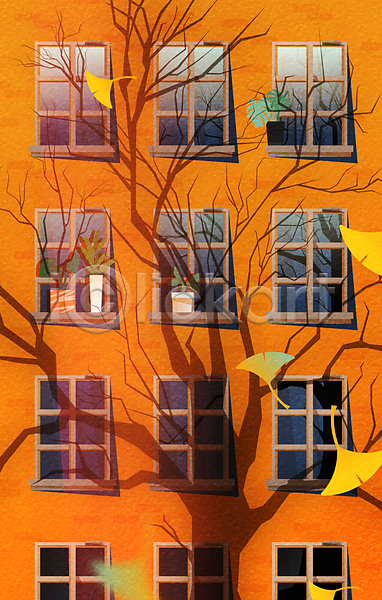 사람없음 AI(파일형식) 일러스트 가을풍경 그림자 나무 도시 아파트 은행잎 주황색 창문 화분