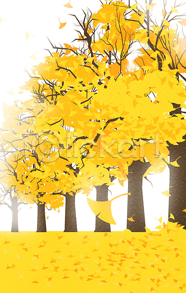 사람없음 AI(파일형식) 일러스트 가로수 가을풍경 거리 낙엽 노란색 은행나무 은행잎