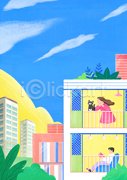 여유 남자 두명 성인 성인만 여자 PSD 일러스트 건물 고양이 구름(자연) 독서 들기 라이프스타일 반려묘 발코니 상반신 아파트 아파트단지 아파트분양 앉기 응시 의자 전신 창문 책 턱괴기 풍경(경치) 하늘 한마리