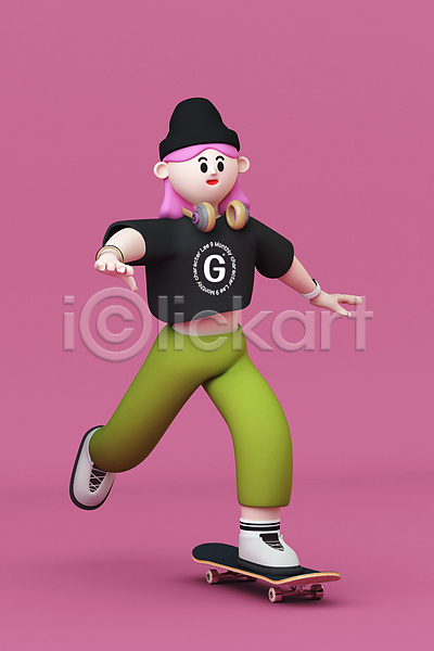 성인 성인여자한명만 여자 한명 3D PSD 디지털합성 편집이미지 3D캐릭터 그레이스 달리기 모자(잡화) 보더 분홍색 서기 스케이트보드 월간캐릭터 전신 캐릭터 편집 편집소스 헤드셋