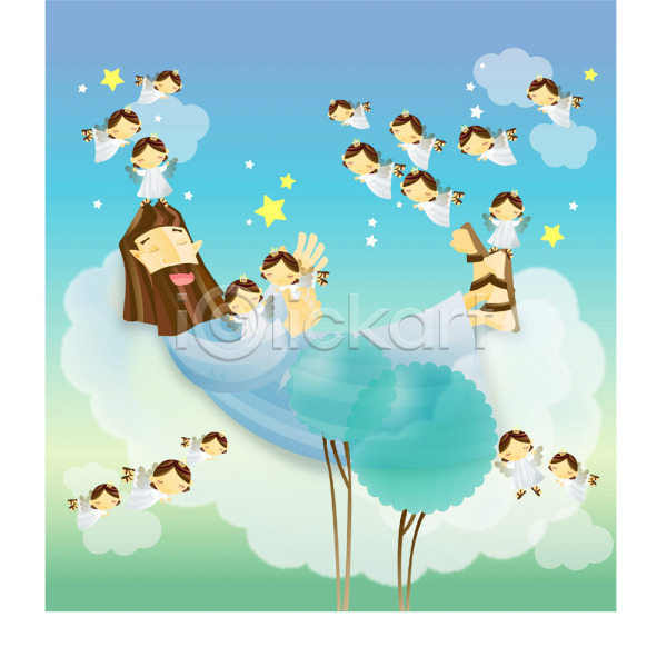 사랑 남자 사람 여러명 여자 EPS 일러스트 구름(자연) 기독교 눕기 별 에덴동산 예수 전신 종교 지상낙원 천국 천사 하늘