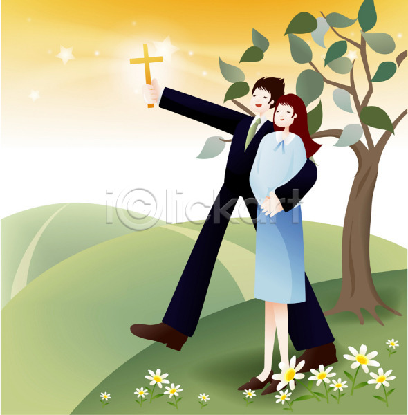 믿음 사랑 남자 두명 사람 여자 EPS 일러스트 교회 기독교 꽃 나무 십자가 야외 언덕 예수 잔디 전도 종교 커플 포옹