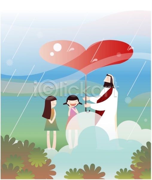 사랑 남자 사람 세명 소녀(어린이) 어린이 여자 EPS 일러스트 교회 기독교 비(날씨) 서기 야외 예수 우산 전신 종교 하트