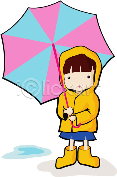 남자 사람 소녀(어린이) 소년 어린이 어린이만 여자 초등학생 한명 EPS 일러스트 날씨 비(날씨) 우비 우산 자연 클립아트