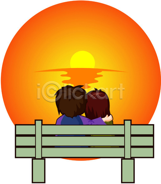 새출발 출발 남자 사람 여자 EPS 일러스트 교육 대학생 데이트 상반신 새해 시작 앉기 야외 일몰 일출 커플 클립아트 태양 풍경(경치) 하늘 해