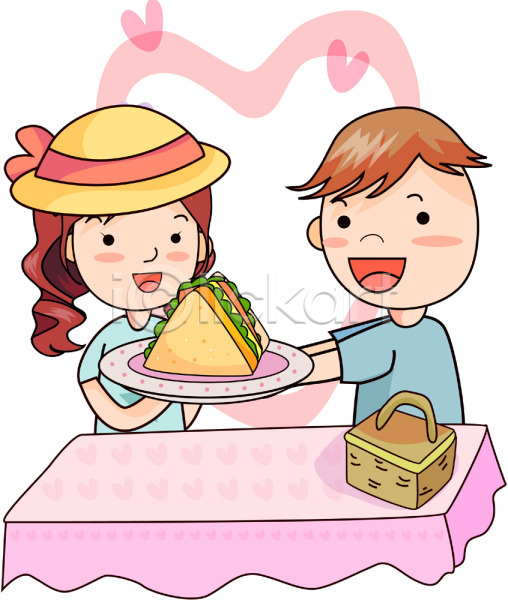사랑 남자 두명 사람 여자 EPS 일러스트 감정 데이트 발렌타인데이 상반신 샌드위치 소풍 앉기 커플 클립아트 하트 화이트데이