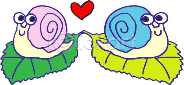 사랑 사람없음 EPS 아이콘 감정 나뭇잎 달팽이(동물) 동물 두마리 연체동물 캐릭터 커플 하트 한쌍