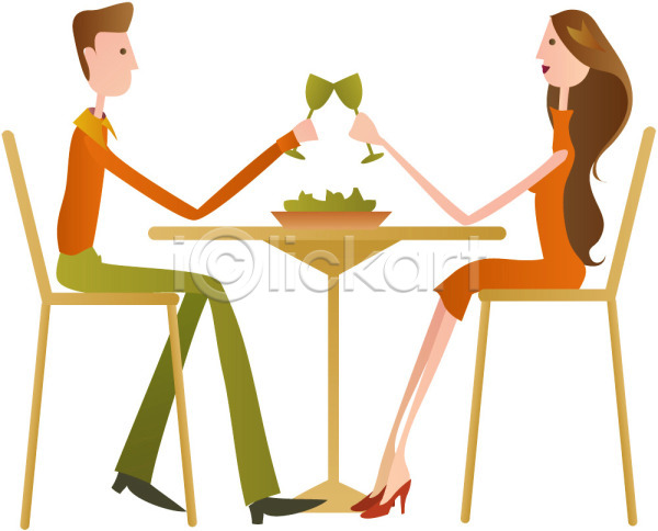 남자 두명 사람 여자 EPS 옆모습 일러스트 건배 데이트 들기 레스토랑 식당 식사 앉기 의자 잔 전신 축배 커플 컵 클립아트 탁자 한쌍