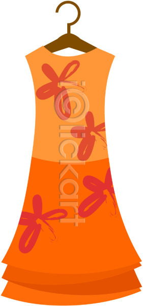 사람없음 EPS 아이콘 꽃무늬 드레스 민소매 여성복 여성용 옷 옷걸이 원피스 주황색 치마 컬러 한개