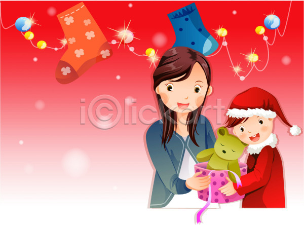 사랑 축하 남자 두명 사람 소년 어린이 여자 EPS 일러스트 가족 가족애 겨울 계절 기념 기념일 모자(엄마와아들) 선물 엄마 이벤트 종교 크리스마스