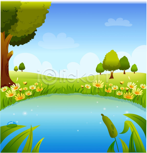 사람없음 EPS 일러스트 계절 꽃 나무 백그라운드 봄 사계절 식물 야외 연못 자연 주간 풍경(경치) 하늘