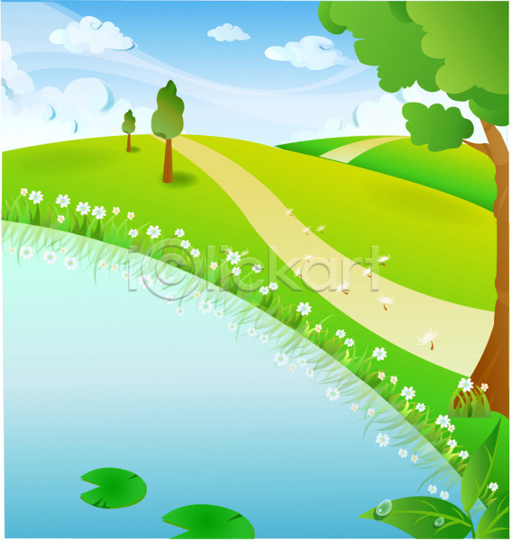 EPS 일러스트 강 계절 구름(자연) 길 꽃 나무 백그라운드 봄 사계절 야외 자연 잔디 주간 초원(자연) 풀잎 풍경(경치) 하늘
