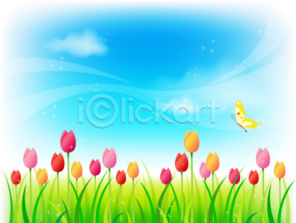 사람없음 EPS 일러스트 계절 꽃 나비 백그라운드 봄 봄꽃 사계절 식물 야외 자연 주간 튤립 풍경(경치) 하늘